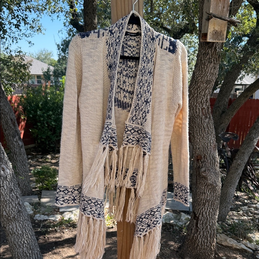 Blu Pepper Cream and Navy Fringed Cardigan